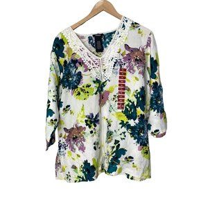 NWT Premise Womens Blouse Top 3/4 Linen Blend Tropical Flower Print Size XL